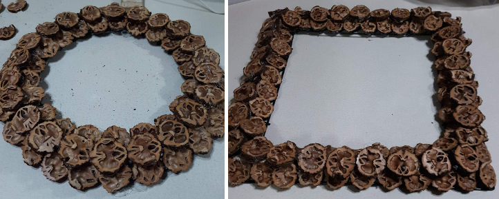 Wreath and picture frame made from walnut shells